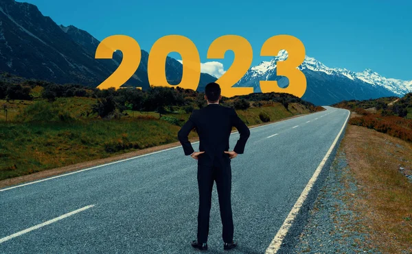 2023 New Year Journey Future Vision Concept Businessman Traveling Highway — Stock Photo, Image