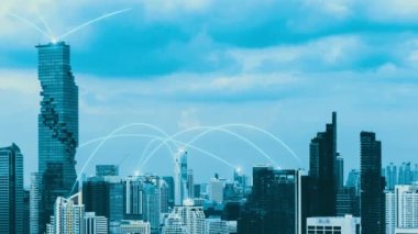 Şehir üzerinde bağlantı ağı karşılıklılığına sahip akıllı dijital şehir. Şehirdeki insanları birbirine bağlayan gelecek akıllı kablosuz dijital şehir ve sosyal medya ağı kavramı .