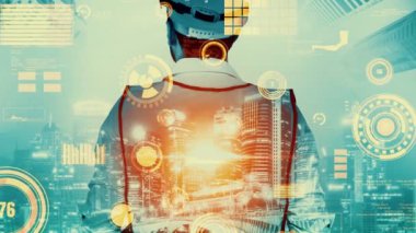 Gelecekteki bina inşaatı ve HUD hologram grafik tasarımı ile yaratıcı mühendislik projesi konsepti. İnşaat mühendisi, mimar ya da inşaat işçisi modern sivil teknoloji ile çalışıyor..