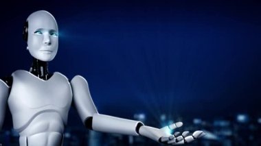 AI hominoid robot holding virtual hologram screen showing concept of big data analytic using artificial intelligence thinking by machine learning process. 3D rendering.