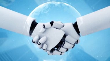 3D rendering hominoid robot handshake to collaborate future technology development by AI thinking brain, artificial intelligence and machine learning process for 4th industrial revolution.