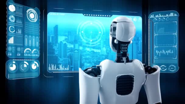 Hominoid Robot Patrząc Ekran Hologramu Pokazujący Koncepcję Big Data Analytic — Wideo stockowe