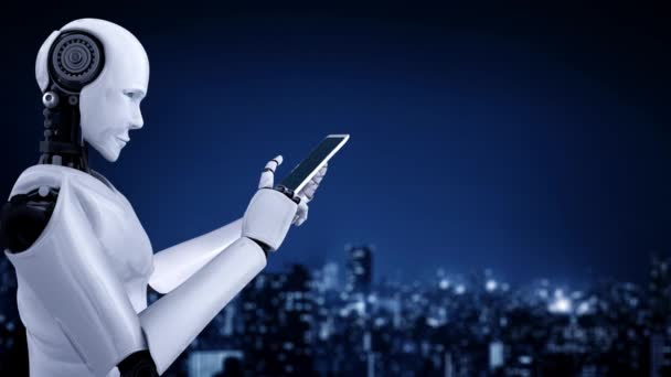 Робот Гуманоид Использует Мобильный Телефон Планшет Глобальной Сетевой Связи Используя — стоковое видео