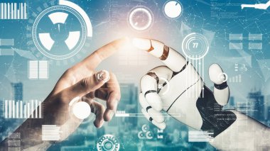 Gelecekçi robot yapay zeka devrimci yapay zeka teknoloji geliştirme ve makine öğrenme kavramı. İnsan hayatının geleceği için küresel robot biyonik bilim araştırması. 3B görüntüleme grafiği.