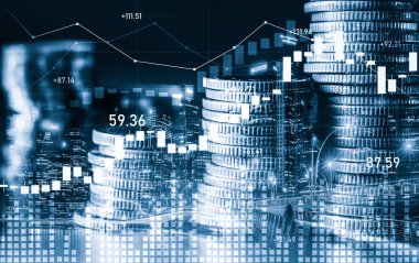 Finans ve para teknolojisi iş refahı ve varlık yönetimi kavramı. Yaratıcı grafik, refah karı elde etmek için değerli varlıklara yatırım yaparak ekonomi ve mali büyümeyi gösteriyor .