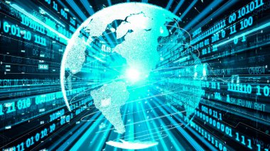 Fütürist küresel ağ ve dijital veri transferi 3D grafik. Yeni bilgi çağındaki küresel eğilimleri değiştiren akıllı dijital dönüşüm ve teknoloji bozulması kavramı .