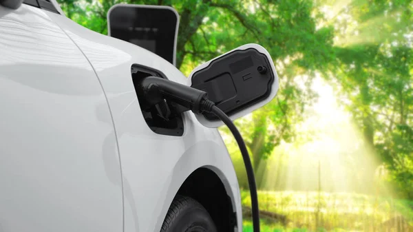 Progressive campaign to increase environmental awareness of electric car powered by renewable and clean energy from charging station in the green forest. EV car for future automobile.