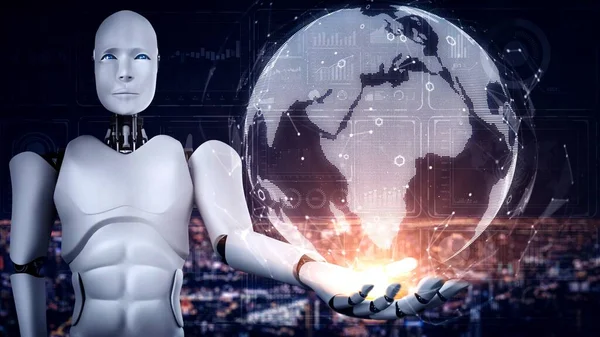 Hominoid Robot Holding Hologram Screen Shows Concept Global Communication Network — Stock Photo, Image
