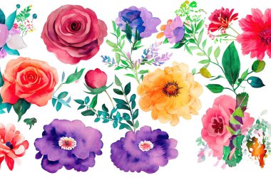 Çiçek buketi, suluboya sanat eserleri dizaynı. Bahar ve yaz çiçekleri elle çizilmiş suluboya tarzında. Dijital sanat 3D illüstrasyon.