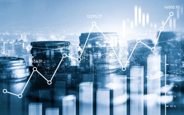 Finans ve para teknolojisi iş refahı ve varlık yönetimi kavramı. Yaratıcı grafik, refah karı elde etmek için değerli varlıklara yatırım yaparak ekonomi ve mali büyümeyi gösteriyor .