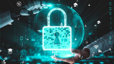 Gelecekçi robot yapay zeka yapay zeka yapay zekayı aydınlatıyor ve makine öğrenme kavramını geliştiriyor. İnsan hayatının geleceği için küresel robot biyonik bilim araştırması. 3B görüntüleme grafiği.