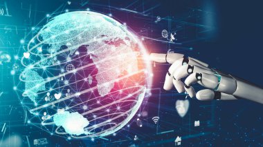 Gelecekçi robot yapay zeka devrimci yapay zeka teknoloji geliştirme ve makine öğrenme kavramı. İnsan hayatının geleceği için küresel robot biyonik bilim araştırması. 3B görüntüleme grafiği.
