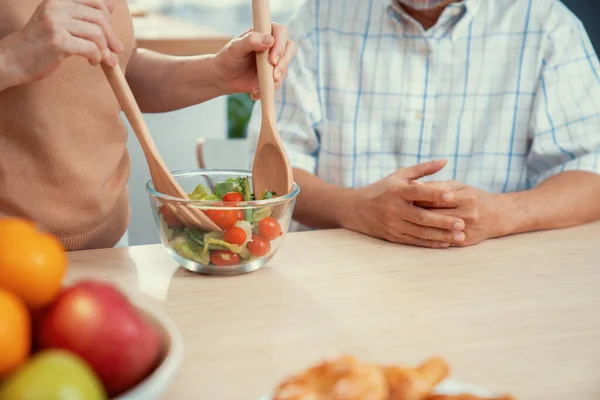 Contented Senior Couples Who Happy Cook Together Bread Veggies Fruit — Stock Photo, Image