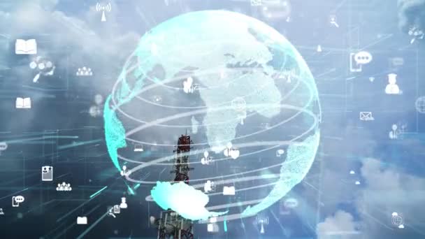 Telekomunikační Věž Grafikou Globální Obchodní Přestavby Commerce Proti Modré Obloze — Stock video