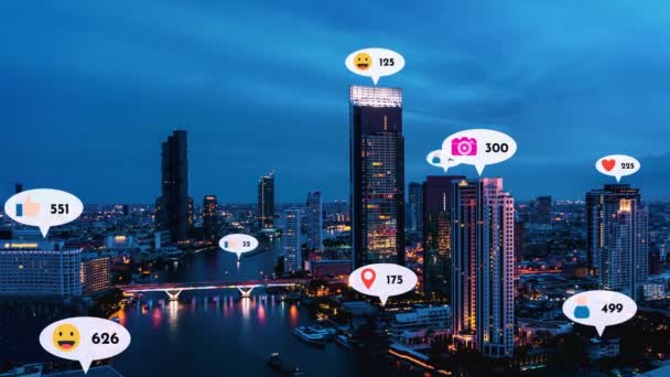 미디어 아이콘들은 사람들 네트워크 애플리케이션 호혜적 연결을 상공을 다닙니다 온라인 — 비디오