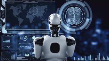 Yapay zeka hominoid robotunun hologram ekranını analiz etmesi, makine öğrenme süreciyle yapay zeka kullanarak büyük veri analizi yaptığını gösteriyor. 3B görüntüleme.