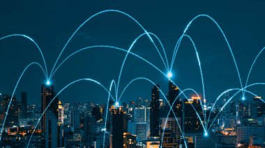 Şehir üzerinde bağlantı ağı karşılıklılığına sahip akıllı dijital şehir. Şehirdeki insanları birbirine bağlayan gelecek akıllı kablosuz dijital şehir ve sosyal medya ağı kavramı .