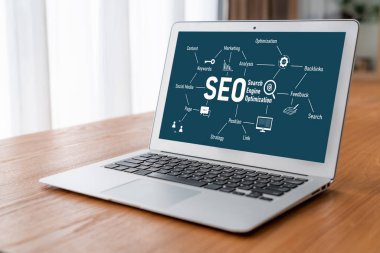 Model e-ticaret için SEO arama motoru optimizasyonu ve bilgisayar ekranında gösterilen çevrimiçi perakende işi