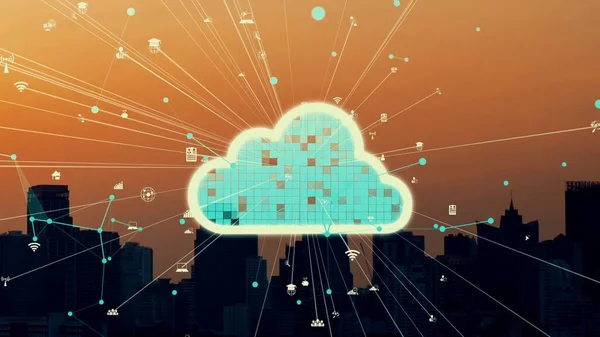 stock image Cloud computing technology and online data storage for alteration data sharing . Computer connects to internet network server service for cloud data transfer shown in 3D futuristic graphic interface .