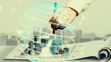 Şehir sivil planlama ve yaratıcı gayrimenkul geliştirme. Yaratıcı şehir binası tasarlamak için soyut şehir çizimine bakan mimar insanlar. Mimarlık hayali ve hırs konsepti.