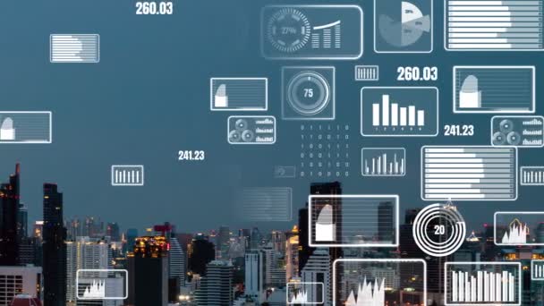 Geschäftsdaten Analytische Schnittstelle Fliegen Über Smart City Zeigt Veränderung Zukunft — Stockvideo