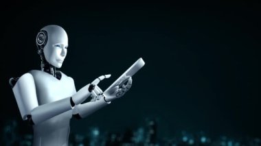 AI robot huminoid uses cloud computing technology to store data on online server . Futuristic concept of cloud information storage analyzed by machine learning process . 3D rendering .