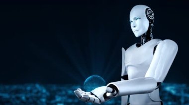 AI robot huminoid uses cloud computing technology to store data on online server . Futuristic concept of cloud information storage analyzed by machine learning process . 3D rendering .