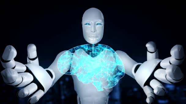 Hominoid Robot Holding Virtual Hologram Screen Showing Concept Big Data — Vídeos de Stock