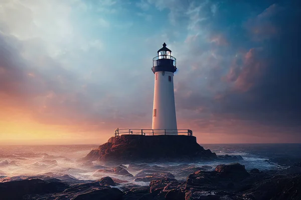 Spectacular sea landscape with lighthouse providing light during sunrise or sunset. Calm sea at coastal lighthouse, with beautiful light in horizon as background. Digital art 3D illustration.
