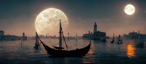 Spectacular fantasy coastal town with sailing ship and fishing boats, background of bright moon in the sky. Vintage digital art 3D illustration concept art by medieval ship or schooner on the coast.
