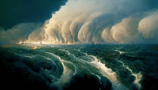 Spectacular scenery of gigantic tsunami-like wave at sea and devastating strong storm. Digital art 3D illustration seascape with massive tidal massive wave.