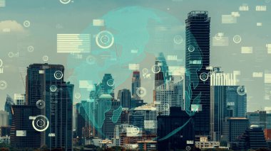 Akıllı şehirde küresel bağlantı ve internet ağı değişikliği. Gelecekteki kablosuz dijital bağlantı ve sosyal medya ağı kavramı .