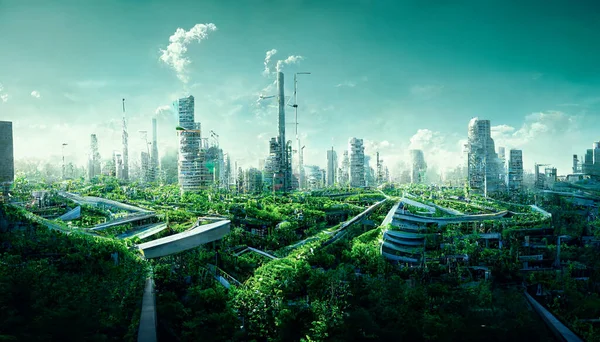 Spectacular environmental awareness city with vertical forest concept of metropolis covered with green plants. Civil architecture and natural biological life combination. Digital art 3D illustration.