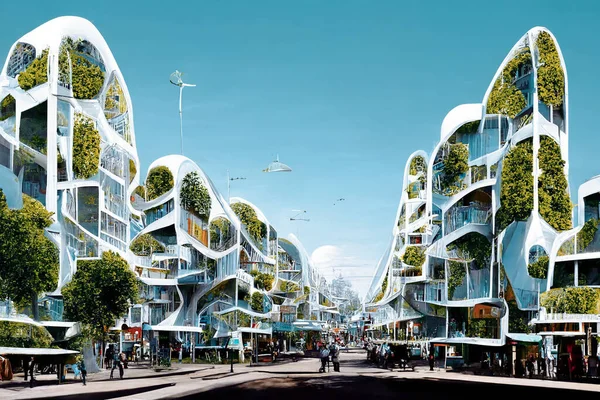 Spectacular environmental awareness city with vertical forest concept of metropolis covered with green plants. Civil architecture and natural biological life combination. Digital art 3D illustration.