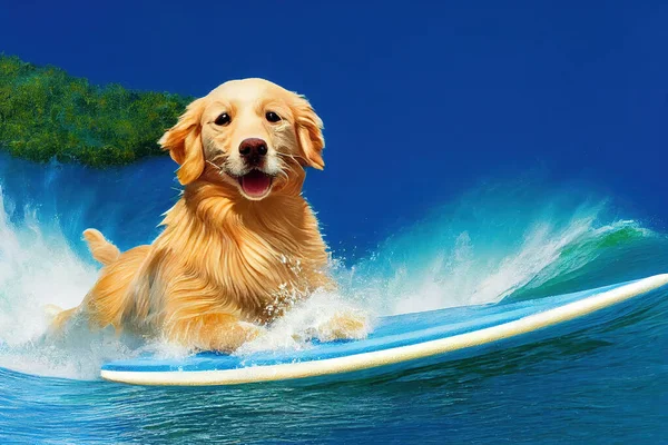 Spectacular golden retriever look at camera, happy and smile on surfboard, wave with sea water splash during summertime on the ocean shore. Dog surfing on the beach. Digital art 3D illustration.