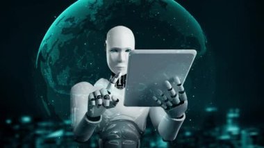 Futuristic robot artificial intelligence huminoid AI for industrial factory technology development and machine learning concept. robotic bionic science research for future of human life. 3D rendering.