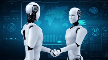 3D rendering hominoid robot handshake to collaborate future technology development by AI thinking brain, artificial intelligence and machine learning process for 4th industrial revolution.