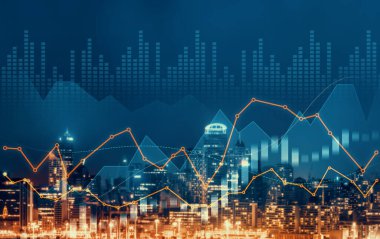 Stock market business concept. Financial graphs and digital indicators with modernistic urban area and skyscrapers as background. Double Exposure.