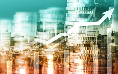 Finans ve para teknolojisi iş refahı ve varlık yönetimi kavramı. Yaratıcı grafik, refah karı elde etmek için değerli varlıklara yatırım yaparak ekonomi ve mali büyümeyi gösteriyor .