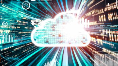 Akıllı paylaşım yazılımıyla bulut bilgisayarı ve çevrimiçi veri depolama. Yeni bilgi çağındaki küresel eğilimleri değiştiren akıllı dijital dönüşüm ve teknoloji bozulması kavramı .