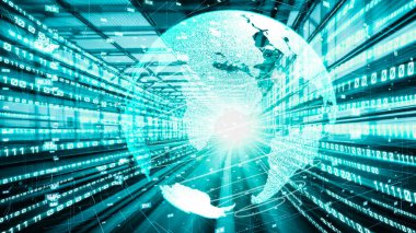 Fütürist küresel ağ ve dijital veri transferi 3D grafik. Yeni bilgi çağındaki küresel eğilimleri değiştiren akıllı dijital dönüşüm ve teknoloji bozulması kavramı .