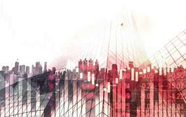 Economic crisis concept shown by digital indicators and graphs falling down with modernistic urban, city area. Double exposure. Stock market crash concept.