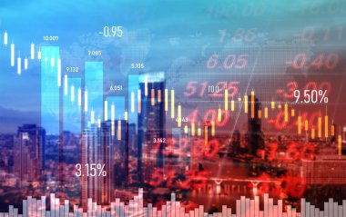 The digital indicators and declining graphs of a stock market crash overlap the backdrop of a modernistic city. Concept of a market crash in double exposure.