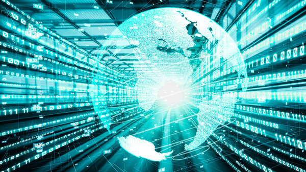 Futuristic global network and tacit digital data transfer 3D graphic . Concept of smart digital transformation and technology disruption that changes global trends in new information era .