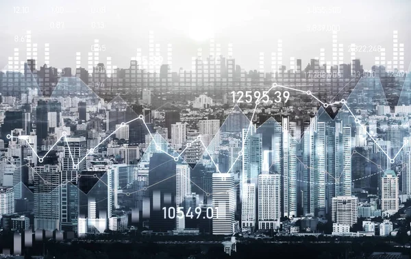 Financial Graphs Digital Indicators Overlap Modernistic Urban Area Skyscrabber Stock — Stockfoto