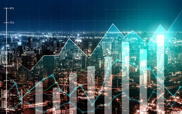 Financial Graphs Digital Indicators Overlap Modernistic Urban Area Skyscrabber Stock — Stockfoto
