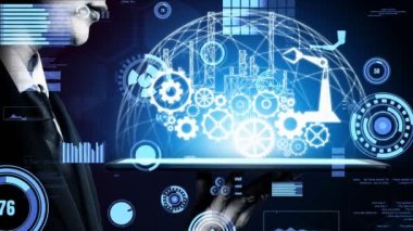 Futuristic industry 4.0 and inventive mechanized engineering concept with graphic user interface showing automation design, robot operation, usage of machine deep learning for future manufacturing.