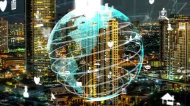 Akıllı şehirde küresel bağlantı ve internet ağı değişikliği. Gelecekteki kablosuz dijital bağlantı ve sosyal medya ağı kavramı .