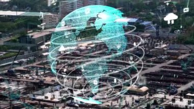 Otomasyon konseptini ve uzaktan kablosuz makine kontrolünü gösteren bir bilgisayar yazılımında fütüristik HUD kullanarak inşaat teknolojisi konsepti üzerinde değişiklik grafiği içeren konsept .