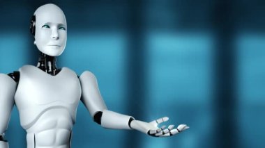 AI hominoid robot holding virtual hologram screen showing concept of AI brain and artificial intelligence thinking by machine learning process. 3D rendering.